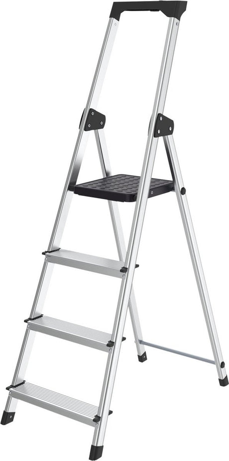 Brasq huishoudtrap 4 -treden zilver - keukentrap inklapbaar aluminium voor particulier en professioneel gebruik - trap ladder - anti slip