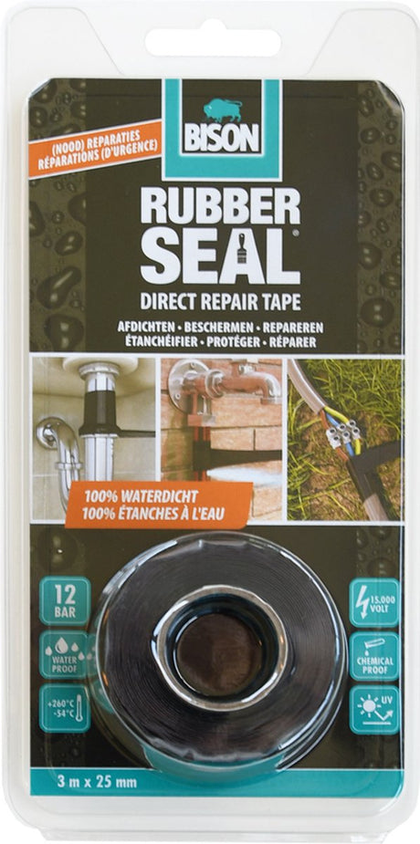 Bison rubber seal direct repair tape 3 meter x 25 mm - direct repareren, sterke reparatietape, direct 100% waterdicht, binnen en buiten, repareren, versterken, afdichten, verbinden