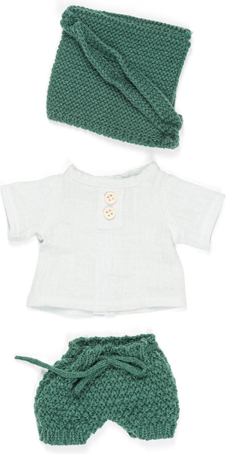Miniland ml-Puppen: Kleidungsset grün weiß für Jungen 32 cm, 3-teilig, Pullover, Hose und Mütze, mit Kleiderbügel, 3+