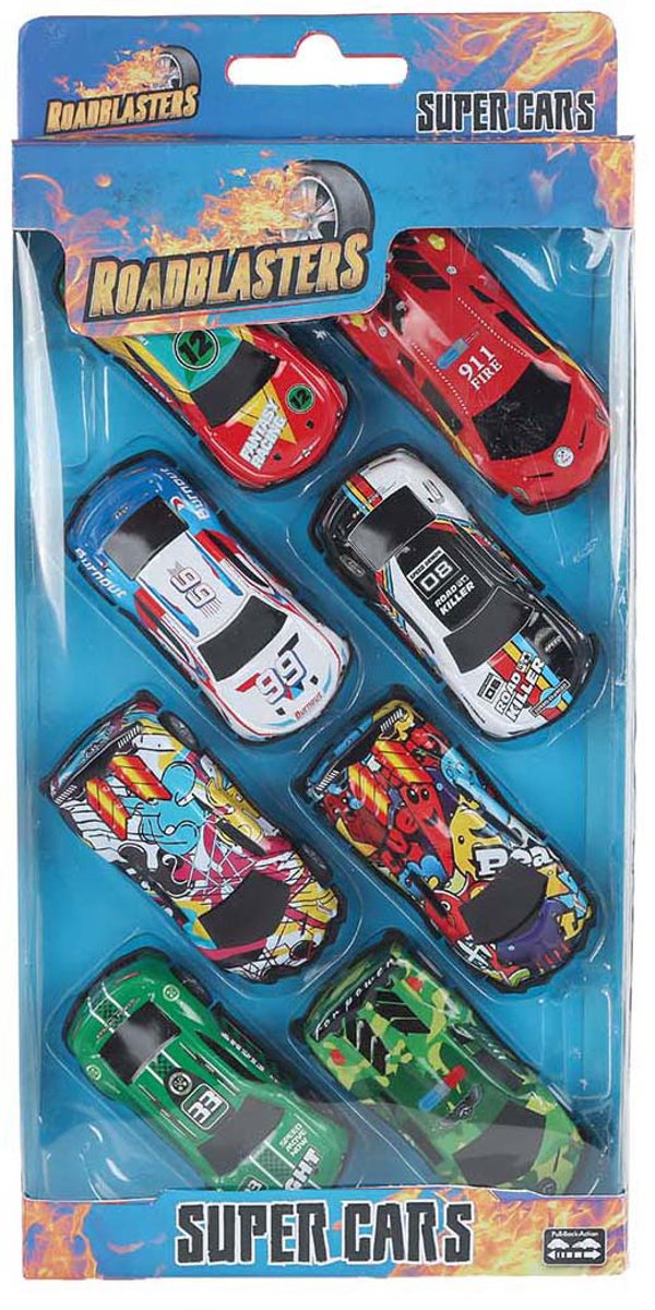 Roadblasters-Autos aus Druckguss, zurückziehbar, 7,5 cm, 8 Stück.