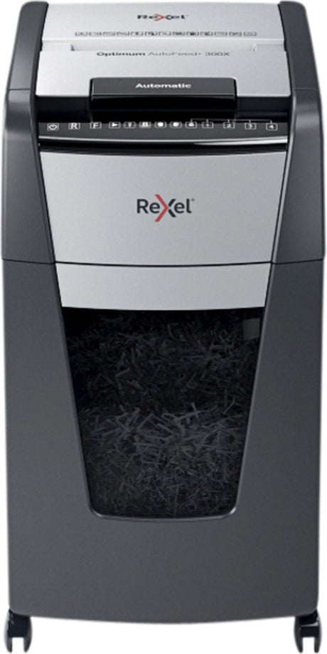 Rexel Optimum Autofeed+ 300x Flüsterleiser Aktenvernichter – P4 vernichtet – Automatischer Einzug bis zu 300 Blatt – 60 l – Schwarz