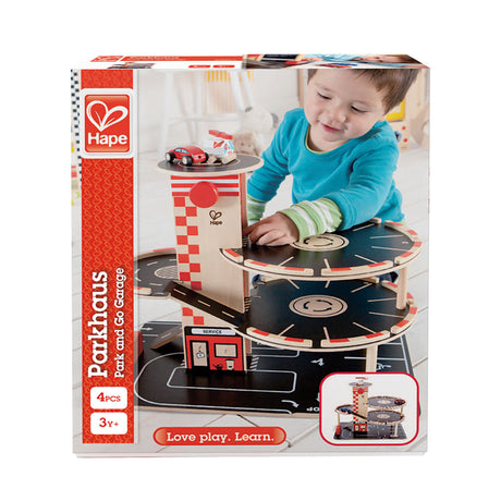 Hape Park Go Garage – Spielzeugparkhaus mit Aufzug, Helikopter und Autos, ab 3 Jahren