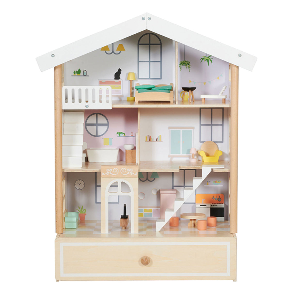 Klassisches Puppenhaus „World Happy Villa“ aus Holz, 28-teilig.