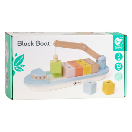 Classic World World Holzblockboot mit Kran, 13-tlg.