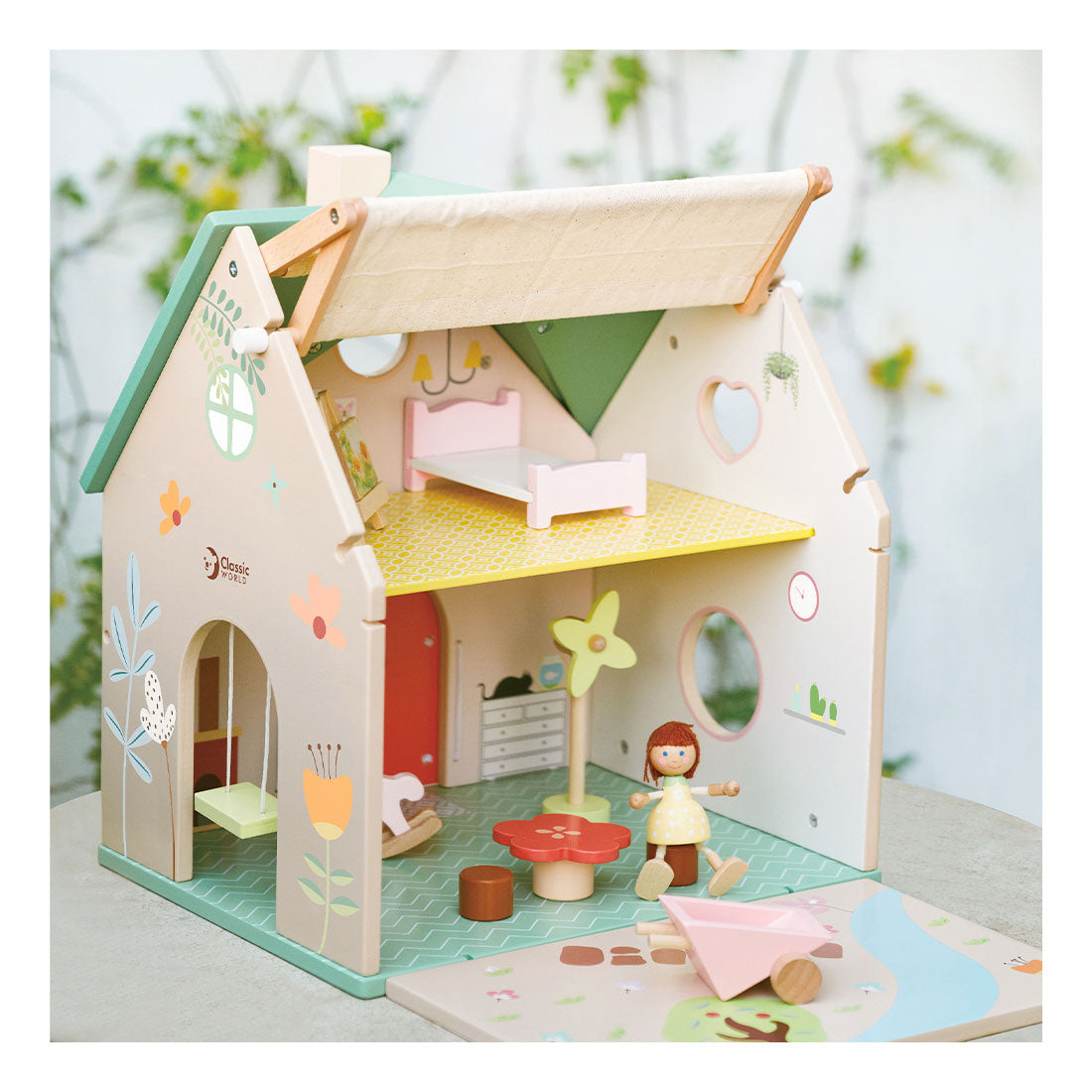 Klassisches Holzpuppenhaus mit Garten, 10dlg.