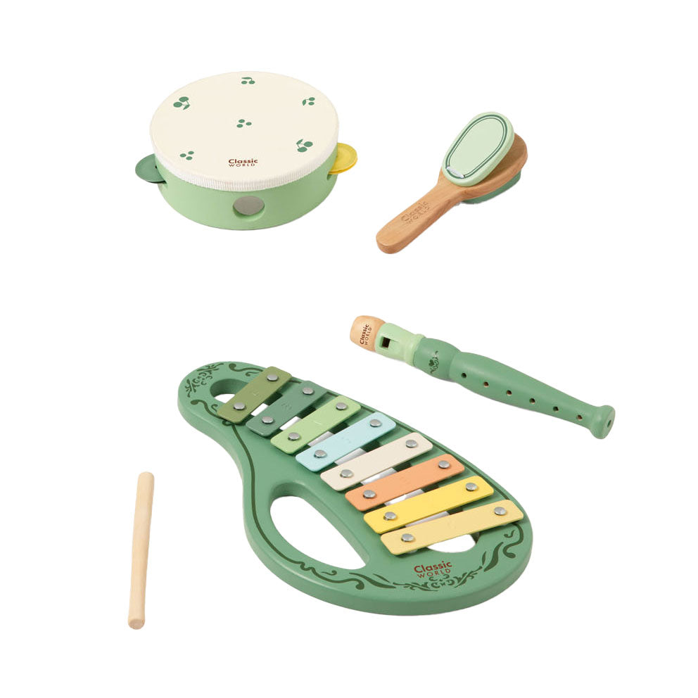 Klassisches Welt-Holzmusikinstrumenten-Set mit 5-teiligen Vintage-Spielzeugen.