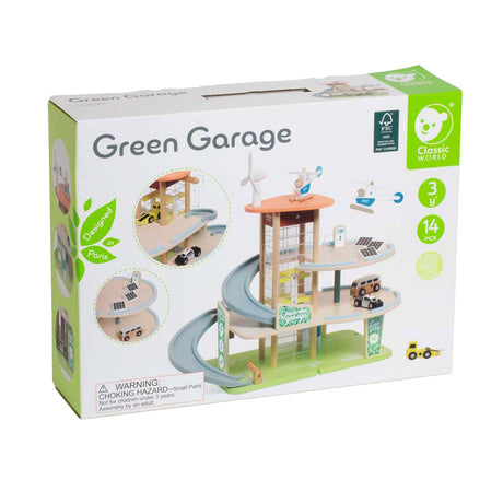 Classic World Holzspielzeuggarage nachhaltig mit Zubehör 19-teilig.