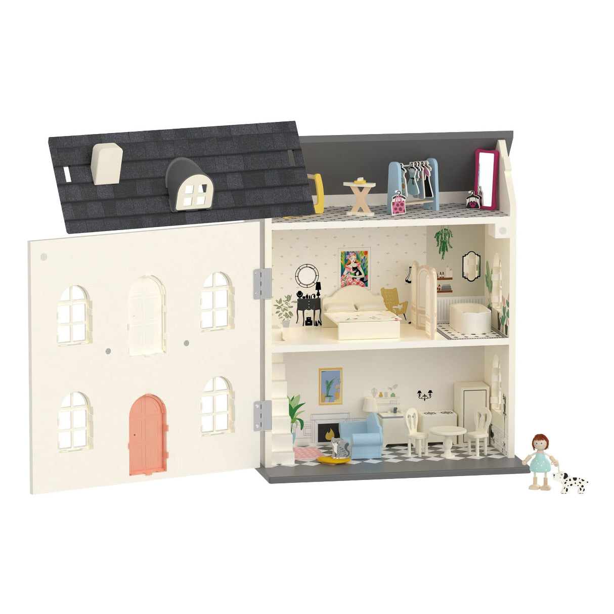 Classic World Vintage-Puppenhaus aus Holz, 36-teilig.
