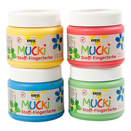 Mucki Textil-Fingerfarbe – 4 x 150 ml Fingerfarbe für Textilien – Farben Gelb, Rot, Blaugrün
