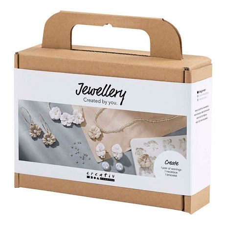 Creativ Company Mini-Hobby-Set Schmuck, Ohrringe, Armband und Halskette mit Blumendesign, Beige, Hellbeige, Beige, 1 Box