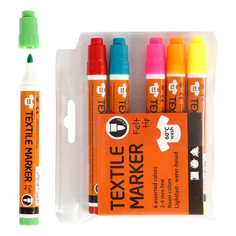 Textilmarker, Strichstärke 2-4 mm, Neonfarben, 6 Stück, 1 Box