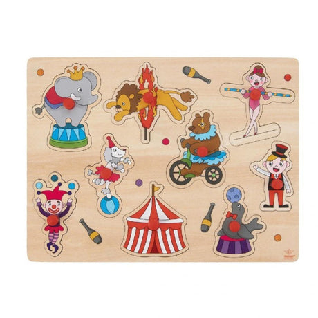 Engelhart Knopfpuzzle Zirkus - klein - Holzpuzzle - rote Kunststoffknöpfe - Kinderpuzzle mit Tiermotiv -