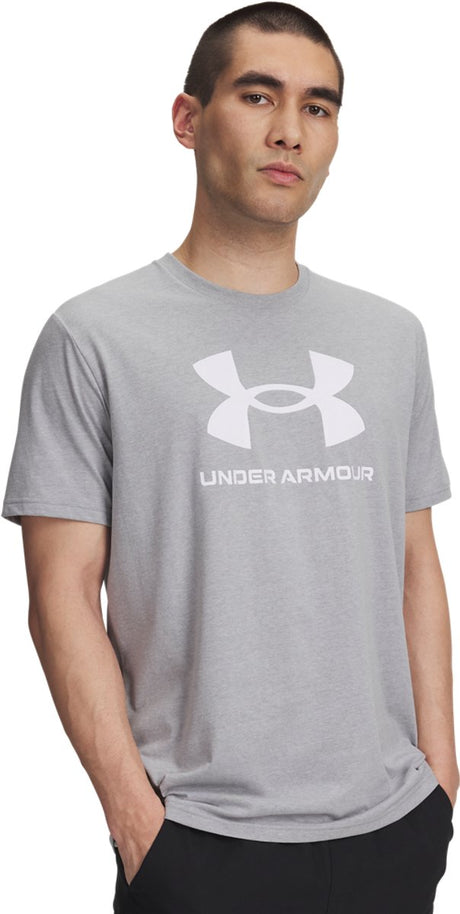Under Armour UA Sportstyle Logo Update SS-Gry Herren-Sportshirt – Steel Light Heather – Weiß