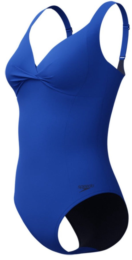 Speedo Shaping Cross Knot 1-teiliger Damen-Sport-Badeanzug – Shaping-Badeanzug Damen – Damen-Badeanzug mit abnehmbaren Cups – Damen-Sport-Badeanzug mit herzförmigem Ausschnitt und verstellbaren Trägern – Blau – 46