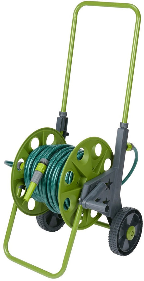 Kinzo Gartenschlauchtrommel – inklusive Gartenschlauch 30 Meter, 4 Kupplungen und Sprühkopf – flexibler Gartenschlauch mit verstellbarer Halterung – für Gartenarbeit und Reinigung – grün