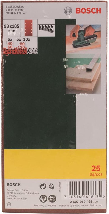 Bosch Zubehör 25-teiliges Schleifblatt-Set flach 93x185 für Exzenterschleifer, Körnung 40, 60, 80, 120 - 2607019495