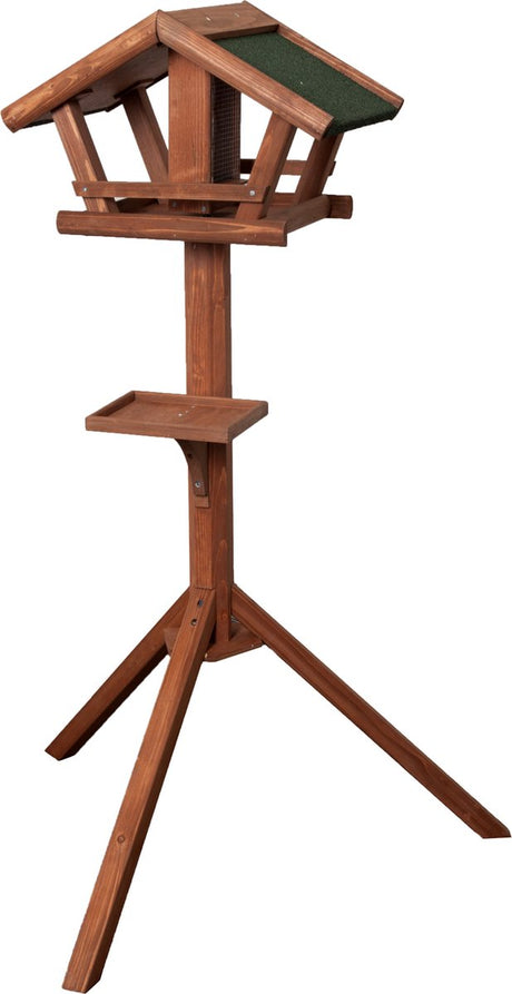 Flamingo-Vogelfutterhaus mit Ständer aus Mimir-Holz – 121 x 80 x 46 cm, integrierter Erdnussspender, geeignet für Samen und Erdnüsse, wasserbeständig, Drainagelöcher, robust und langlebig