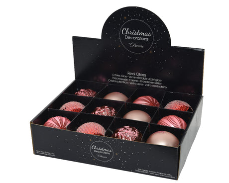 Decoris Weihnachtskugeln aus Glas ø8cm, Schachtel mit 12 Stück rosa