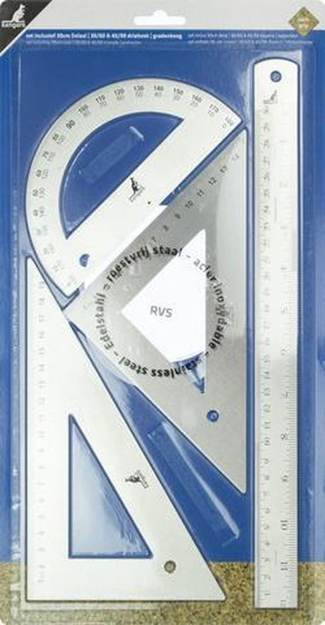 Kangaro-Linealset – Edelstahl – 4-teilig – 30 cm Lineal + 30 60 Dreieck + 45 90 Dreieck + Winkelmesser