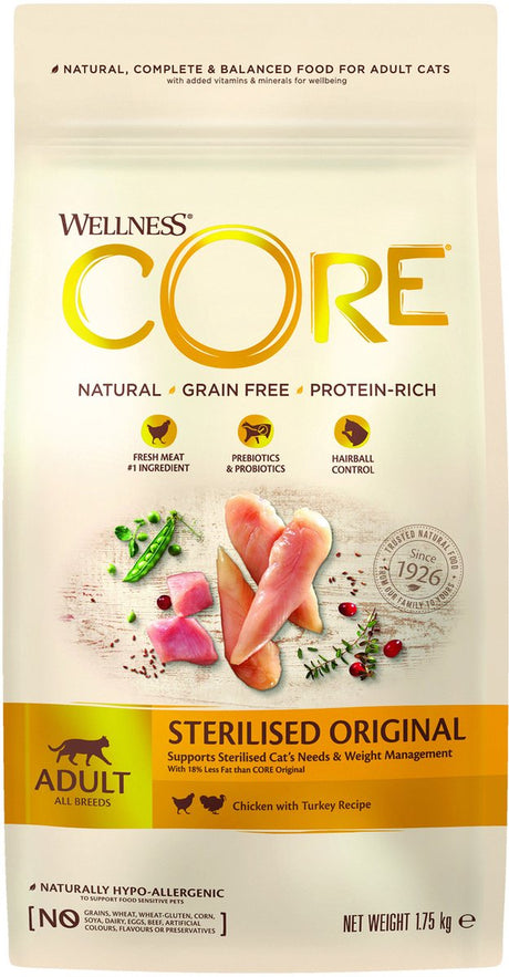 Wellness Core getreidefreies, sterilisiertes Huhn mit Truthahn für Katzen – Katzenfutter – 1,75 kg