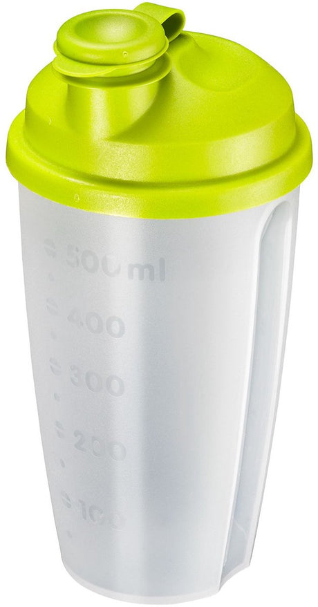 Westmark Dressing-Shaker-Rührbecher mit Messanzeige, abnehmbarer Rührscheibe und verschließbarem Ausgießer, Fassungsvermögen: 0,5 l, Kunststoff, BPA-frei, Mixery, Farbe: transparent grün, 2435227a
