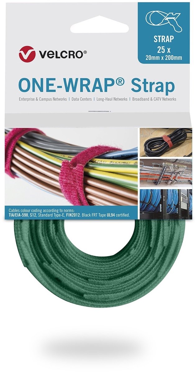 Velcro one-wrap klittenband kabelbinders 200 x 12mm groen (25 stuks)