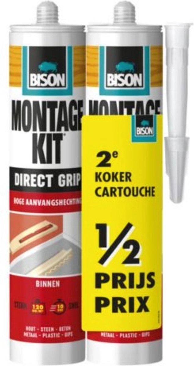 Bison Montageset Direct Grip Tube 2x 370 g, Duo-Verpackung, 2. Tube zum halben Preis, extra stark, hohe Anfangshaftung, Montagekleber, Montage, hohe Endfestigkeit, innen und außen, einfache Handhabung