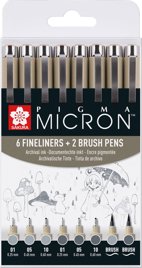 Sakura Pigma Micron Fineliner-Set | 8 Stifte, helles kühles Grau, kühles Grau