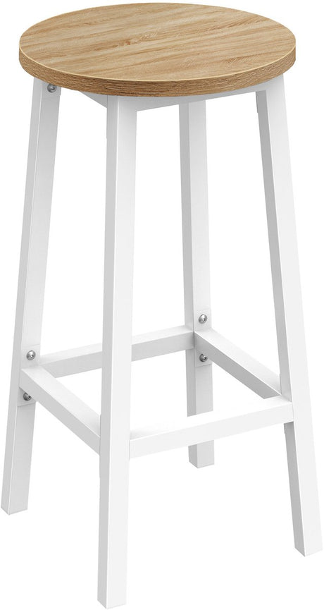 Leobert barkruk – rond – eiken sonoma kleur – witte metalen poten – met voetsteun – stevig en stijlvol – industriële stijl – ideaal voor keuken en bar – ø32x65 cm