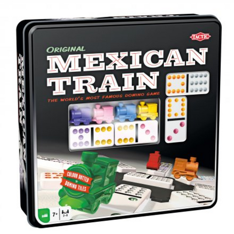 Tactic Domino Mexican Train – Brettspiel – Luxusdose – weltberühmtes Dominospiel mit farbigen Steinen – 2 bis 8 Spieler – ab 7 Jahren