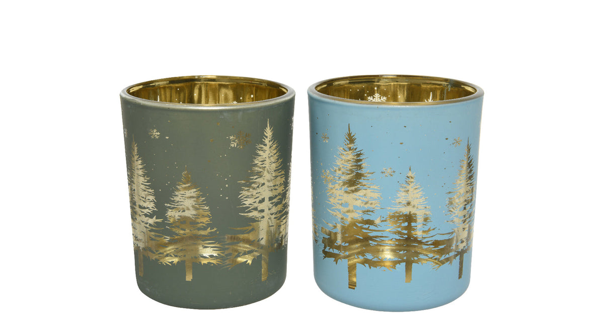 Theelichthouder glas silver and laser tree - h8,3 d7cm - 2 assortie