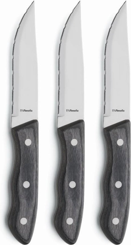 Amefa Hercules 3-teiliges XL-Steakmesserset – Rasiermesserscharf – Mikroverzahnung – 13 0 gehärteter Messerstahl – Pakkaholz – sichere Geschenkverpackung