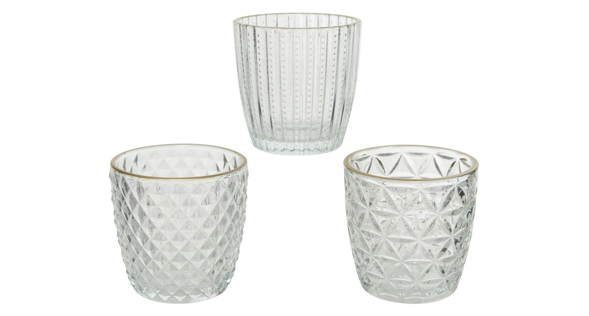 Theelichthouder glas gold edge 3 assorti helder d7,5h7,5cm
