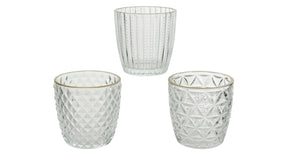 Theelichthouder glas gold edge 3 assorti helder d7,5h7,5cm