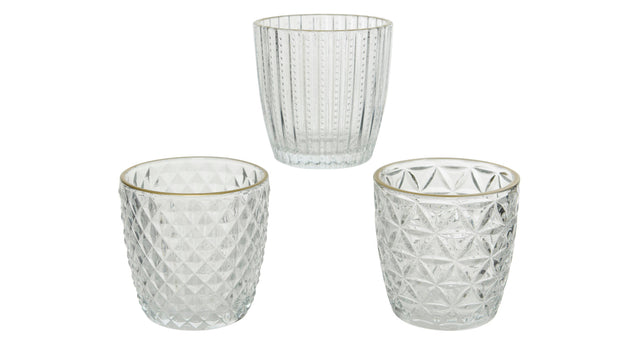 Theelichthouder glas gold edge 3 assorti helder d7,5h7,5cm