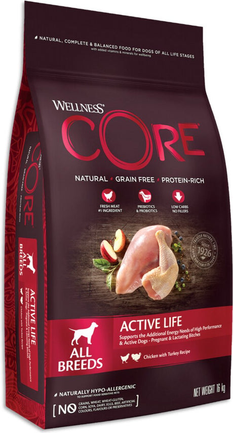 Wellness Core Hundefutter für alle Rassen, aktives Leben, Truthahn, Huhn, 10 kg