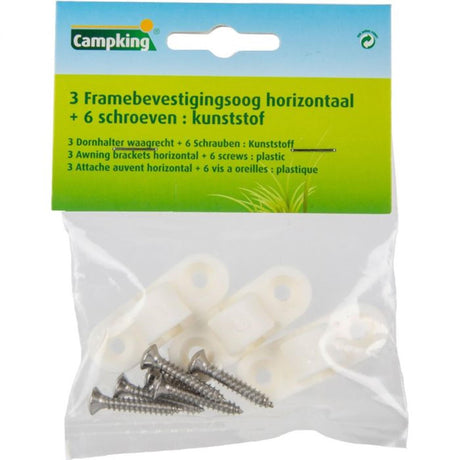 Umefa-Beutel: 3 Rahmenbefestigungsösen aus weißem Kunststoff + 6 Schrauben horizontal
