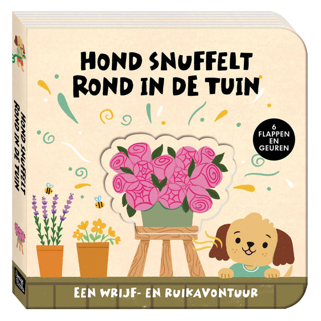Een wrijf- en ruikavontuur - hond snuffelt rond in de tuin kartonboekje