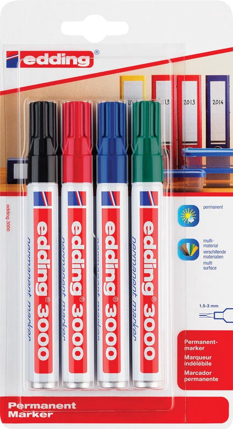 Edding 3000 Permanentmarker – Schwarz, Rot, Blau, Grün – 4 Marker – Rundspitze 1,5–3 mm – wasser- und abriebfest – für Pappe, Kunststoff, Holz, Metall usw. – Alkoholmarker für Erwachsene