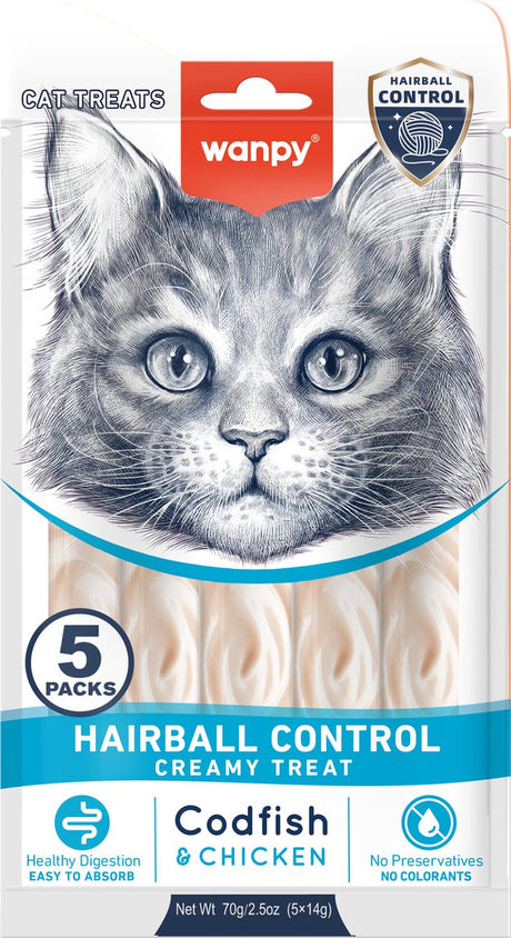 Wanpy – Lecker-Snack mit Funktion – Kabeljau-Hähnchen – Haarballenbekämpfung – 5 x 5 Sticks à 14 Gramm