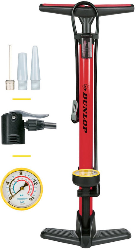 Dunlop Fahrradpumpe mit Manometer – Fahrradpumpe für, Schrader- und French-Ventil – Standpumpe inkl. Adapter für Wasserspielzeug und Bälle