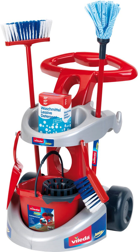Klein Toys Vileda Reinigungswagen – Mopp, Besen und diverses Haushaltszubehör – 61 cm langer Mopp – 55,5 cm langer Besen – Rot Blau