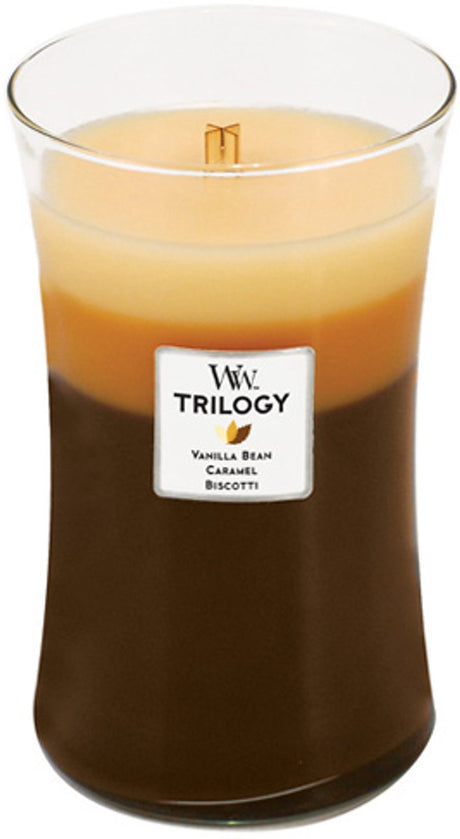 Woodwick Hourglass Trilogy große Duftkerze – Café-Süßigkeiten – 130 Brennstunden
