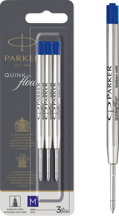 Parker Kugelschreibermine – mittlere Spitze – blaue Quinkflow-Tinte – 3 Stück