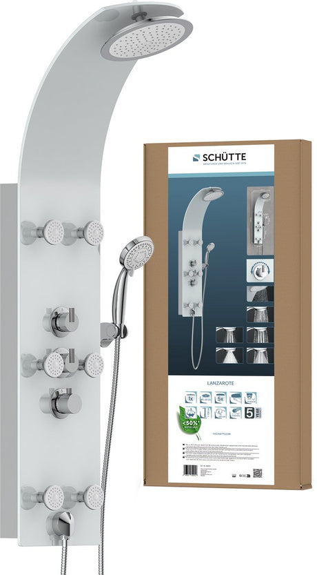 Schütte Lanzarote Duschpaneel – mit Thermostat-Duscharmatur – 6 Massagedüsen – Glas – Weiß