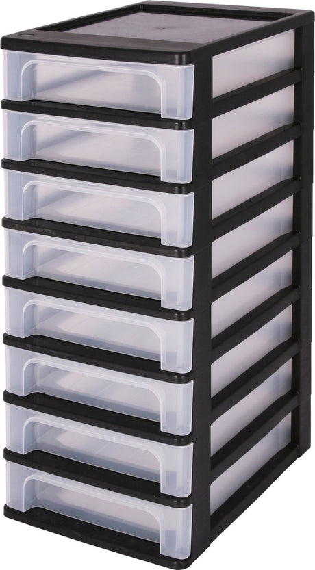 Iris Organizer-Kommode Schubladensystem A4 – 8 kleine Schubladen – 8 x 4 l – Kunststoff – schwarz transparent