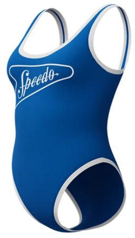 Speedo Solid Bound Scoop 1-teiliger Damen-Sport-Badeanzug – Damen-Badeanzug mit rundem Ausschnitt – Damen-Badeanzug mit Stretch – Damen-Sport-Badeanzug mit U-förmigem Rücken – Blau Weiß – M
