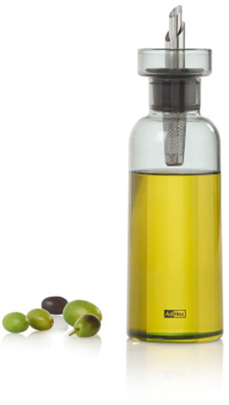 Ad hoc adhoc aromapour olijfolie- en azijnfles met schenktuit – 300 ml – grijs glazen oliedispenser met rvs dop – lekvrij precies schenken – design keukenaccessoire