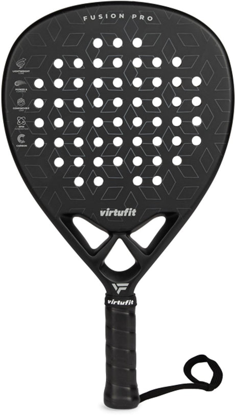 Virtufit fusion pro padel racket - zwart zilver - druppelvormig blad - 365 gram - eva hard kern - 18k carbon - met polskoord - voor gevorderden