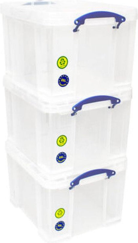 Wirklich nützliche Aufbewahrungsbox, 35 Liter, Packung mit 3 Boxen, 480 x 390 x 310 mm, transparent.